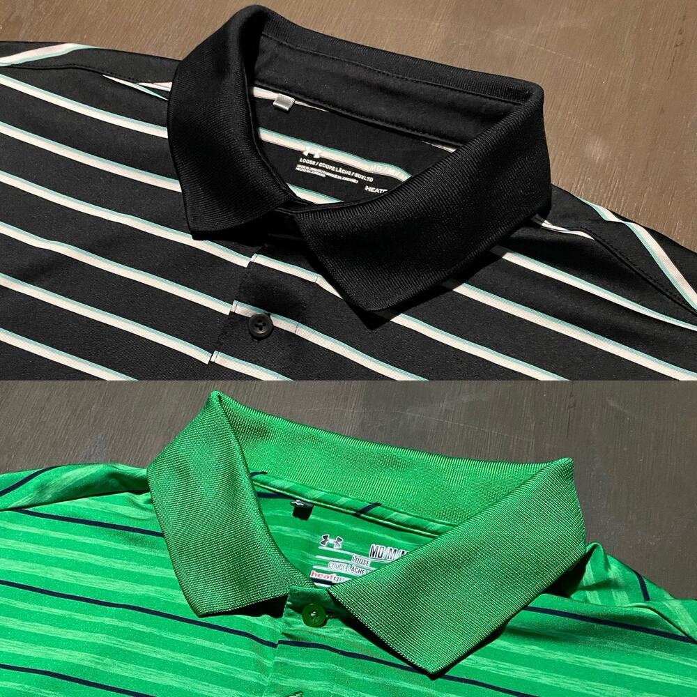 2 Under Armour Mens Medium Polo Golf Shirts Loose Heatgear Athletic Black Green